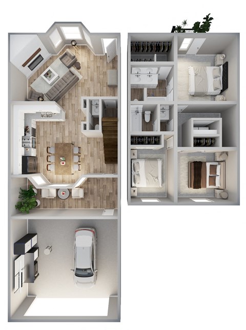 a stylized floor plan of a house with a bedroom and a garage